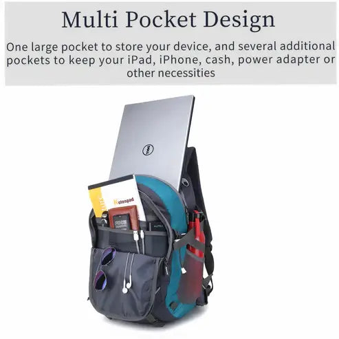 Backpack with multiple pockets containing electronic devices and accessories on a white background durable laptop backpack 45L for men women outdoor use