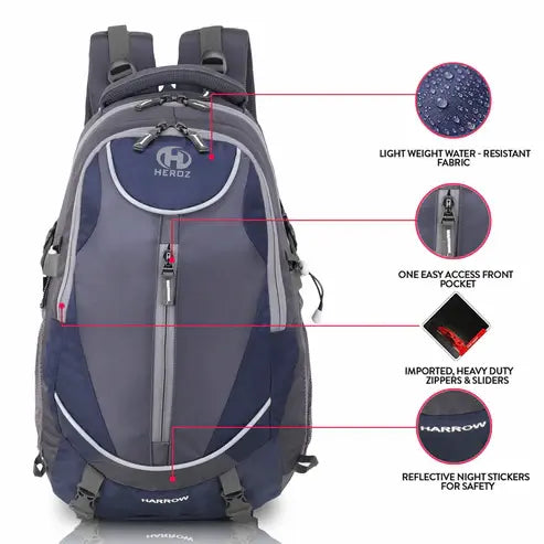 Gray and blue backpack with features highlighted on a white background durable laptop backpack 45L for men women outdoor use
