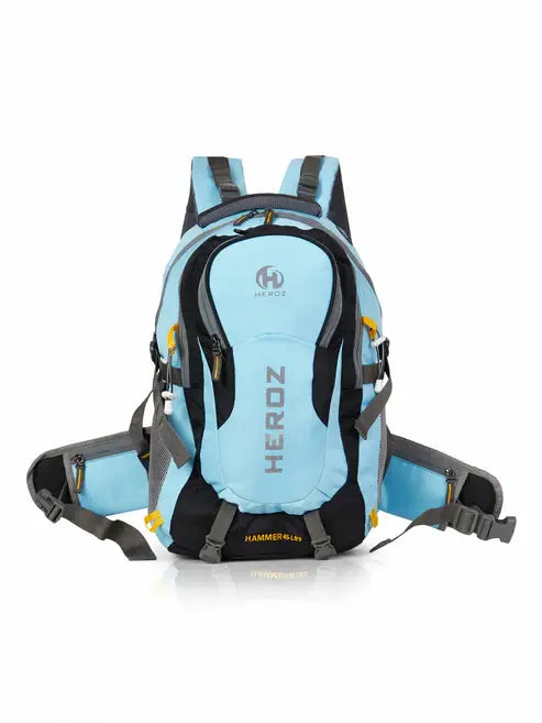 Light blue and black backpack with 'HEROZ' branding on a white background