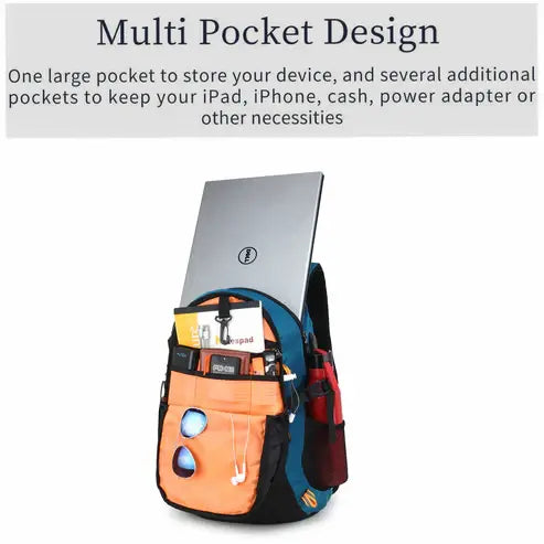 Multicolored backpack with multiple pockets and a laptop on a white background