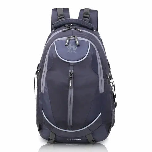 Navy blue backpack with gray accents on a white background grey laptop backpack 45L water resistant travel office bag
