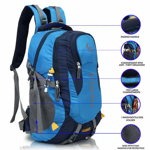 Blue and black backpack with features highlighted on a white background