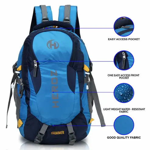 Blue and black backpack with features highlighted on a white background