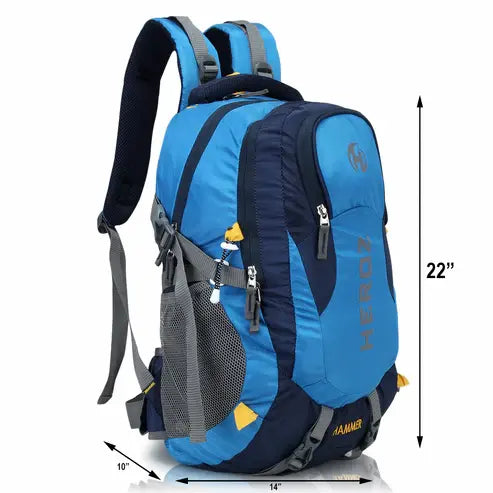 Blue and navy backpack with dimensions on a white background