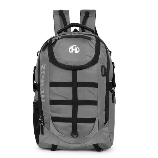 Gray backpack with black straps and 'HEROZ' branding on a white background