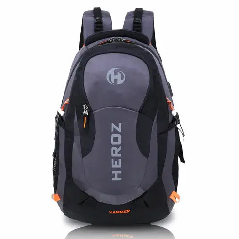 Gray and black backpack with 'HEROZ' branding on a white background