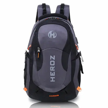 Gray and black backpack with 'HEROZ' branding on a white background