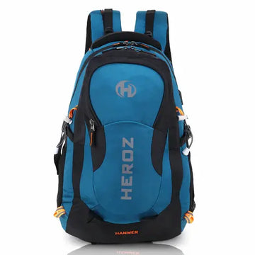 Blue and black backpack with 'HEROZ' branding on a white background