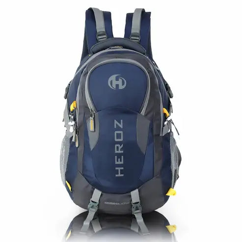Blue and gray backpack with 'HEROZ' branding on a white background heroz laptop backpack 45L grey navy blue water resistant travel bag