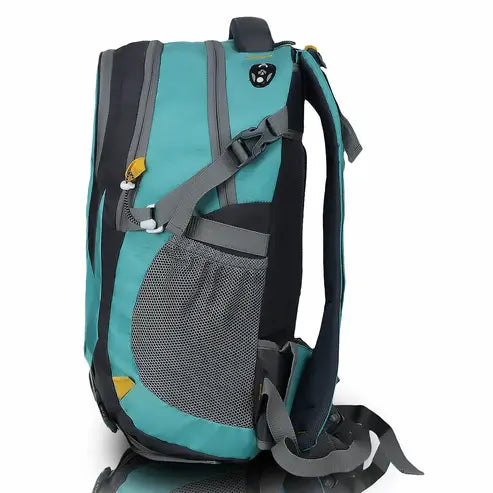 Teal and gray backpack on a white background
