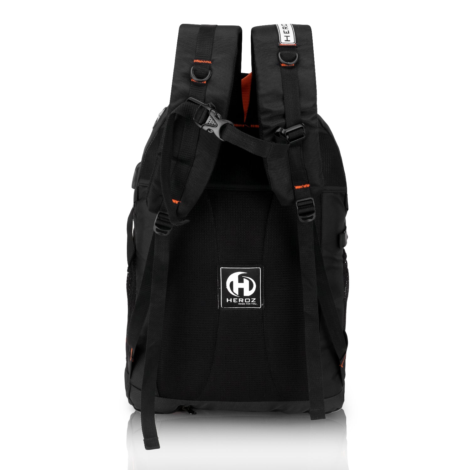 Black backpack with a brand logo on a white background