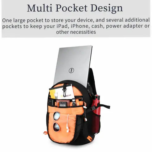 Multifunctional bag with multiple pockets for electronic devices and accessories on a white background.