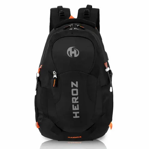 Black backpack with 'HEROZ' branding on a white background