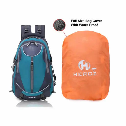 Teal backpack with an orange bag cover featuring 'HEROZ' branding on a white background.