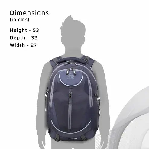 Navy blue backpack with dimensions displayed on a white background