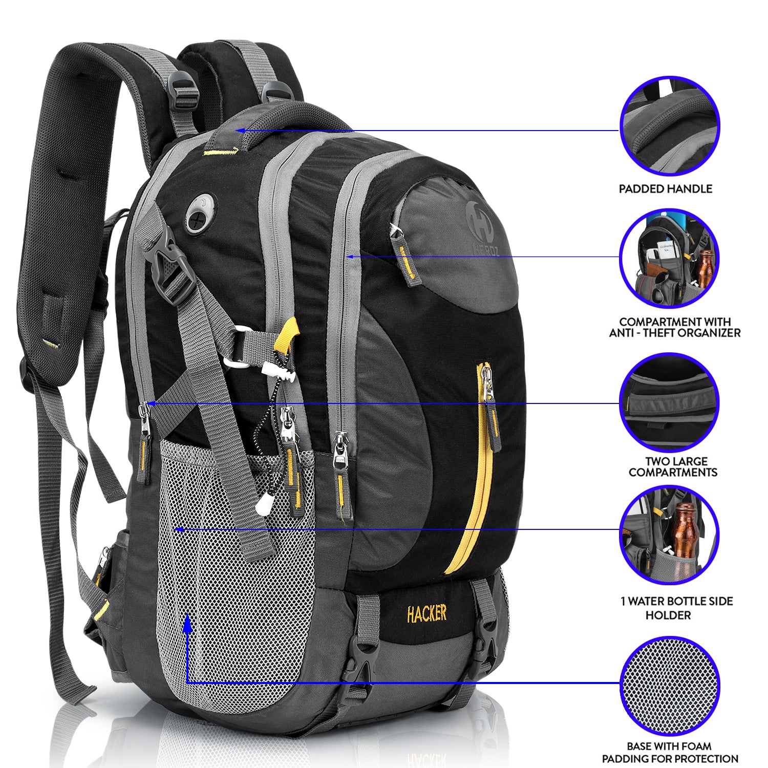 Black and gray backpack with features highlighted on a white background
