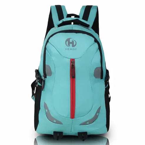 Light blue backpack with red zipper and black straps on a white sea green laptop backpack 28L water resistant office bag India background