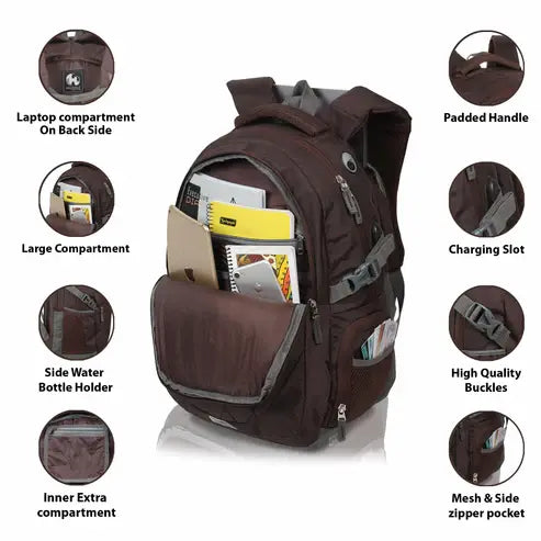 Brown backpack with features highlighted on a white background