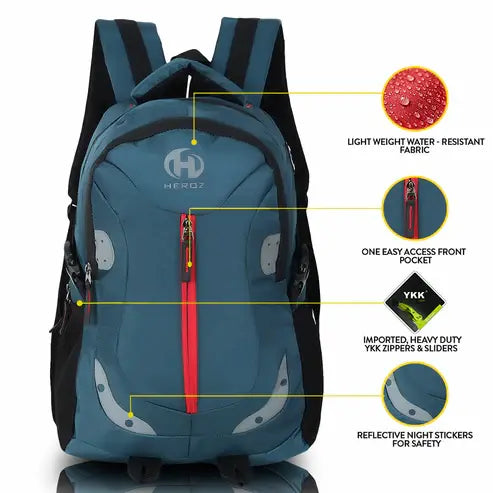 Blue backpack with features highlighted on a white background slim laptop backpack 28L for daily office and college use