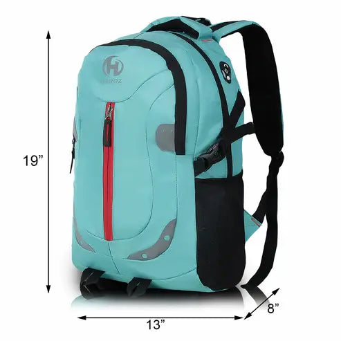Turquoise backpack with black and red accents, shown with dimensions on a white background slim sea green laptop backpack for college office travel use