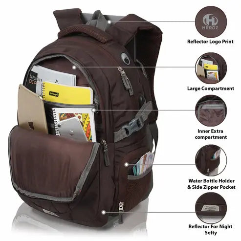 Brown backpack with features highlighted on a white background