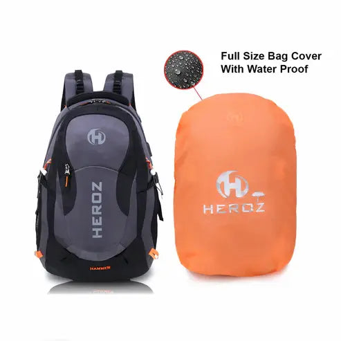 Backpack with orange waterproof cover on a white background, featuring the 'HEROZ' brand.