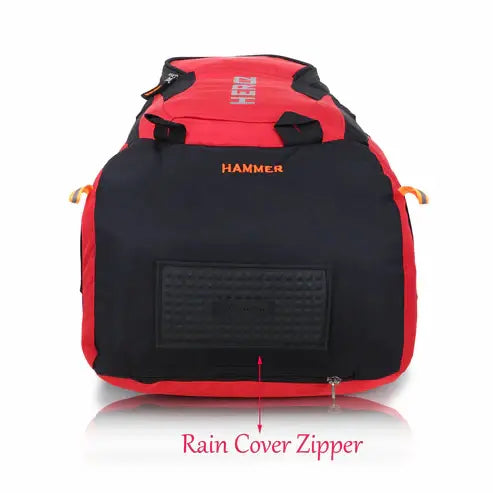 Red and black backpack with rain cover zipper on a white background