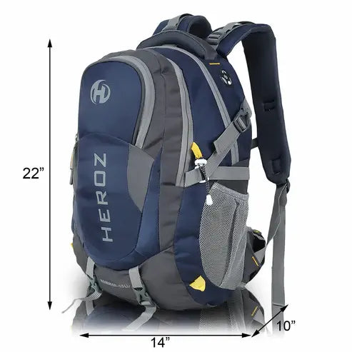 Navy and gray backpack with dimensions labeled on a white background water resistant laptop backpack grey navy blue for heavy duty use