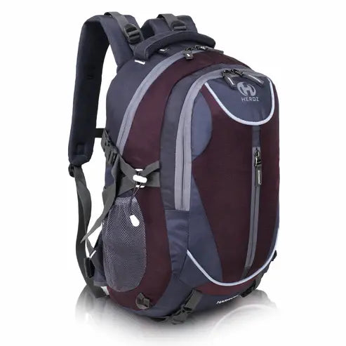 Maroon and gray backpack with HEROZ branding on a white background