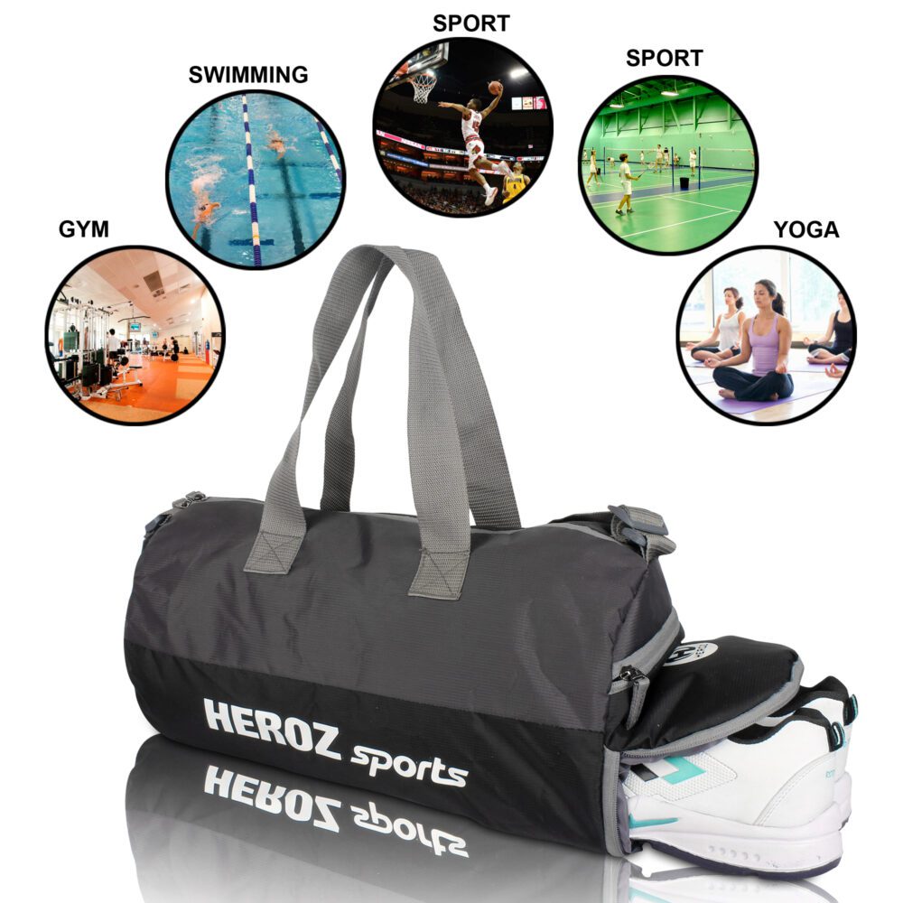 Heroz Young 26 Liters Soft Gym Bag Water Resistant with Shoe compartment Yoga Swimming Bags - Black and Grey