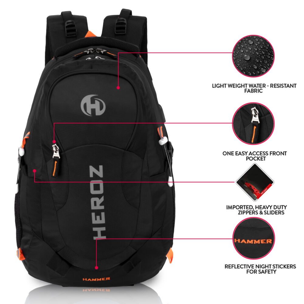 HEROZ Hammer Unisex Nylon 35 L Travel Laptop Backpack Water Resistant Slim Durable Fits Up to 17.3 Inch Laptop Notebook (Black)…