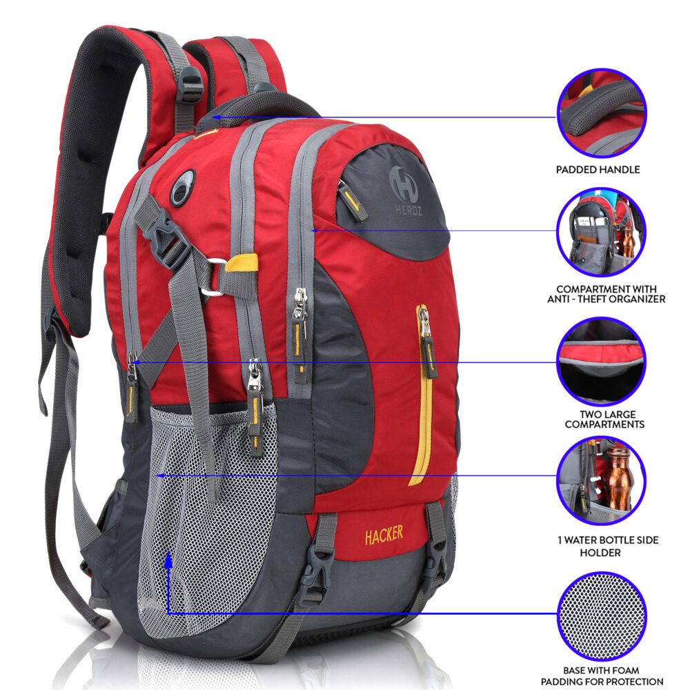 HEROZ Hacker 50 litres Nylon Travel Laptop Backpack Water Resistant Slim Durable Computer Book Bag Tracking Fits Up to 17.3-inch Laptop (058- All) (Grey & Red)…