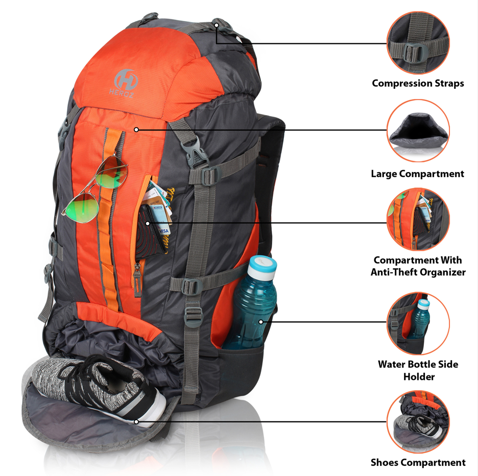 HEROZ Hunter 80 ltrs Trackign Laptop Bags Mountaineering Hiking Bag with Rain Cover Mount Track Travel Backpacks Rucksack - (Grey & Orange)